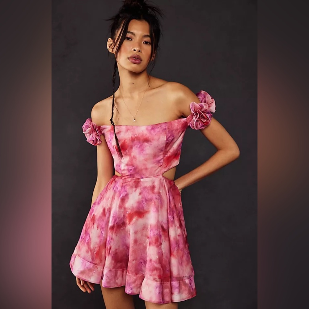 Bardot Pink Tie Dye Rosette Off-Shoulder Dress